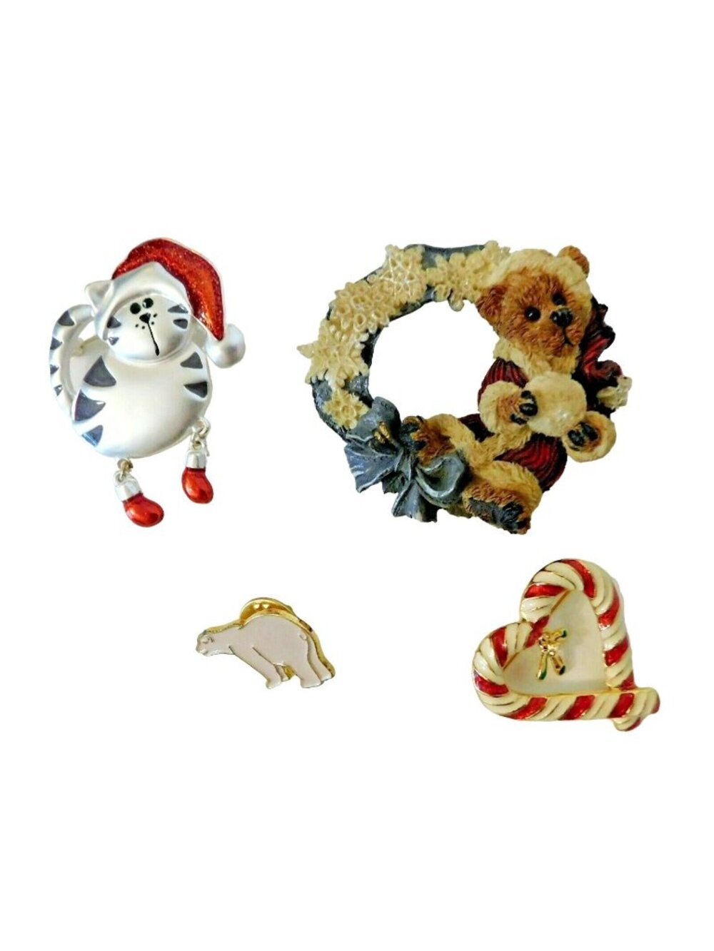 Set Of 4 Holiday-Themed Pin Santa Cat Wreath Candy Cane Heart Polar Bear Jewelry